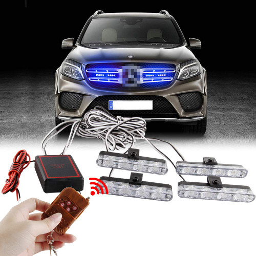Sidaqi 4 in 1 12V Emergency Strobe Warning Grille Lights Caution Flash Lights For Car Truck DRL Ambulance Police Lights Remote Control Wireless-Blue