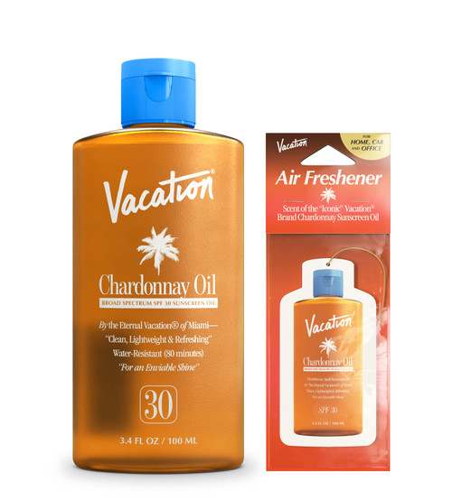 Vacation Chardonnay Oil SPF 30 + Air Freshener Bundle, Vegan Suntan Oil with Broad Spectrum SPF, Oxybenzone + Octinoxate Free Sunscreen Tanning Oil, TSA Friendly, Travel Size, 3.4 fl. Oz. Vacation Chardonnay Oil SPF 30 + Air Freshener Bundle, Vegan Suntan Oil with Broad Spectrum SPF, Oxybenzone + Octinoxate Free Sunscreen Tanning Oil, TSA Friendly, Travel Size, 3.4 fl. Oz.