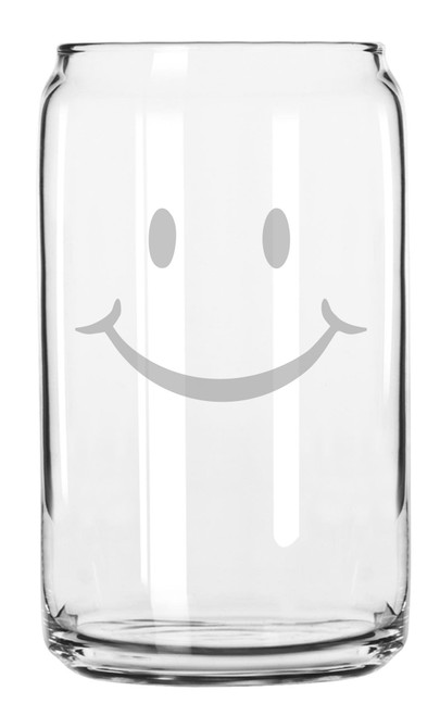 Cute Smiling Happy Face Hand Made Etched Glass Can 16 oz