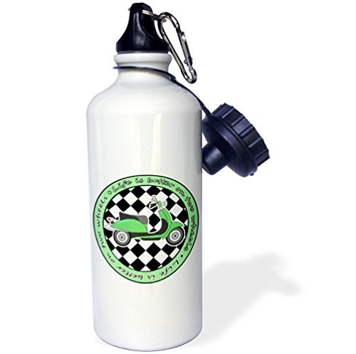 3dRose wb_77578_1"Green Retro Scooter Life is Better on Two Wheels" Sports Water Bottle, 21 oz, White