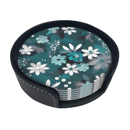 Leather Coasters with Holder Set of 6 Teal Grey and White Floral Printed Coasters for Drinks Insulated Car Coasters Round Cup Coasters for Coffee Table Decor