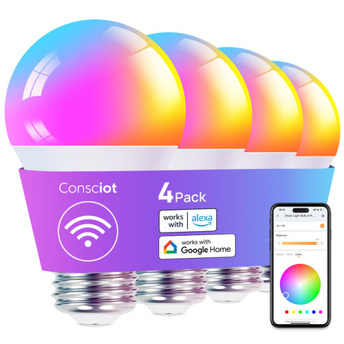 Consciot Smart Light Bulbs, LED Light Bulb That Works with Alexa & Google Home, Music Sync, RGBTW Color Changing Light Bulb, A19 E26 2.4Ghz WiFi Light Bulbs 60 watt Equivalent, 800lm Dimmable, 4Pack