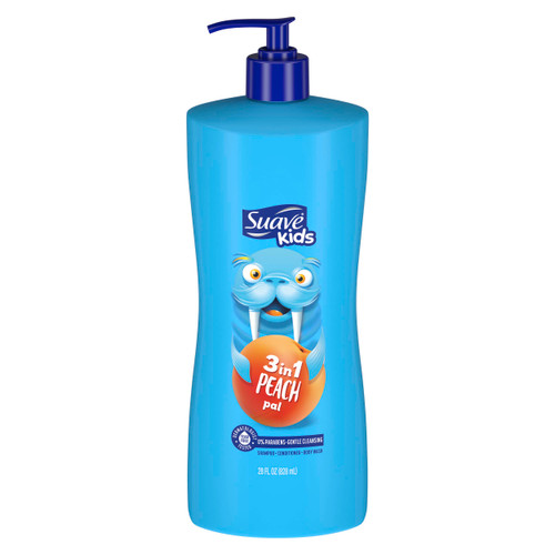 Suave Kids 3-in-1 Tear Free, Body Wash, Shampoo and Conditioners, Dermartologist Tested, Peach Pal, 28 Oz Pack of 4