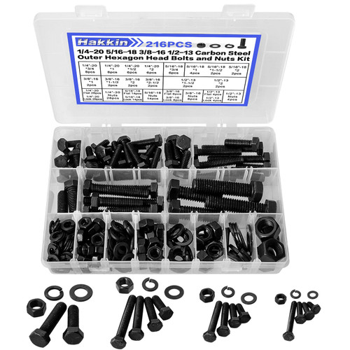 216Pcs Heavy Duty Hex Head Bolts and Nuts Kit, 1/4" 5/16" 3/8" 1/2" Assorted Nuts and Bolts Alloy Steel, 14 SAE Sizes Hex Head Screws Bolts Flat & Lock Washers Assortment Kit (Black)