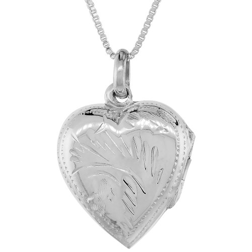 Small Sterling Silver Heart Locket Pendant/Charm Engraved Handmade, 5/8 inch