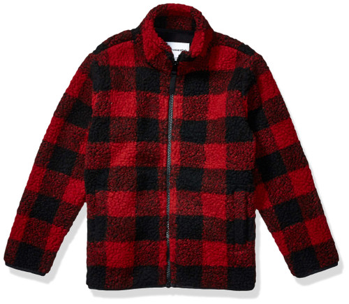 Amazon Essentials Boys' Polar Fleece Lined Sherpa Full-Zip Jacket, Red Exploded Buffalo Check, Medium