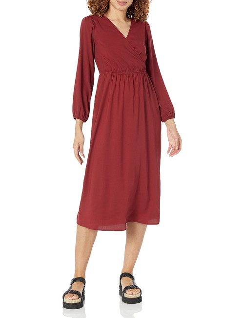 Amazon Essentials Women's Lightweight Georgette Long Sleeve V-Neck Midi Dress (Available in Plus Size), Burgundy, Large