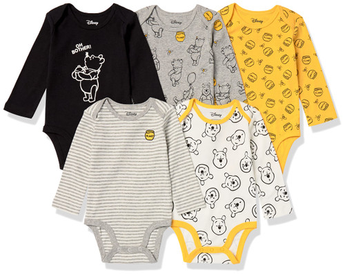 Amazon Essentials Disney | Marvel | Star Wars Unisex Babies' Long-Sleeve Bodysuits, Pack of 5, Winnie the Pooh Oh Bother!, 3-6 Months