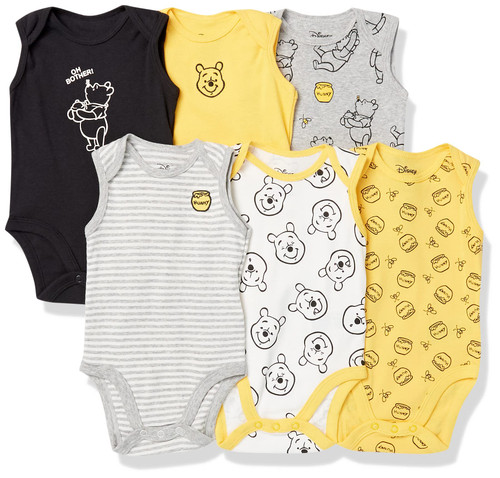 Amazon Essentials Disney | Marvel | Star Wars Unisex Babies' Sleeveless Bodysuits, Pack of 6, Winnie the Pooh Oh Bother!, Newborn