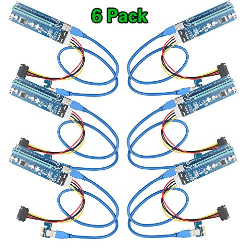 SHARPALIN 6 Pack V006 PCI-E 1x to 16x Powered Riser Adapter Card with USB 3.0 Extension Cable & MOLEX to SATA Power Cable - GPU Riser Adapter - Ethereum Mining ETH (6 Pack V006)