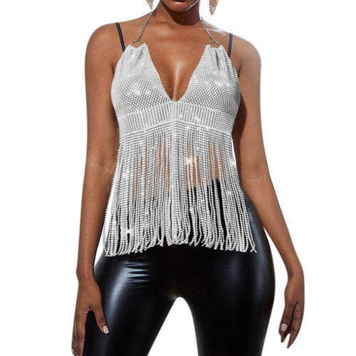 Women Glitter Sexy Rhinestone Rave Crop Top Sparkly Halter Tank Top Fishnet Tassel Camisole Outfit Clubwea White Women Glitter Sexy Rhinestone Rave Crop Top Sparkly Halter Tank Top Fishnet Tassel Camisole Outfit Clubwea White