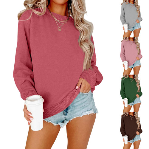 Jielayou Womens Casual Crewneck Sweatshirts Fall Long Sleeve Pullover Tops Drop Shoulder Oversized Sweatshirt Solid Color Ribbed Cuffs Hem Loose Fit Cute Tunic Tops Fall 2023 Trendy Clothes B-red