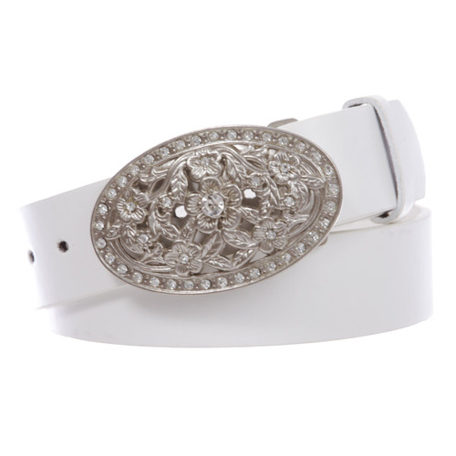1 1/2" Women's Snap On Belt With Oval Perforated Engraved Crystal Rhinestone Western Floral Buckle, White | s (30"~32" waist)