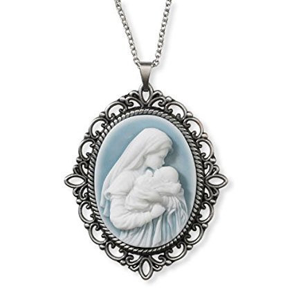 CB A Mother's Kiss Madonna with Child Virgin Mary and Baby Jesus Christ Light Blue Cameo, Vintage Design 1.5" Pendant with Silver Tone Chain