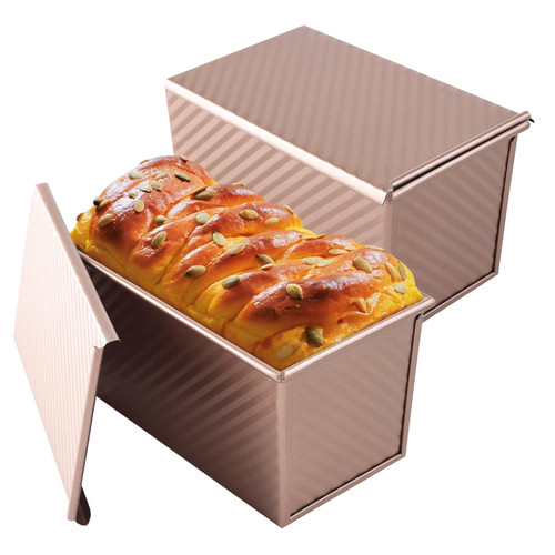 Valman bread pans (Gold)? 2-Pack Pullman Loaf Pan with Lid, 1 lb Non-Stick Bakeware for Baking Bread, Sandwich Bread Toast Carbon Steel Corrugated Bread Toast Box Mold with Cover for Baking Bread