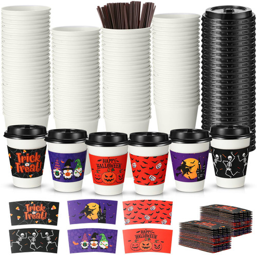 Meanplan 60 Pack Halloween Disposable Coffee Cups 12 oz with Lids Stir Straws and Halloween Paper Sleeves, Coffee Paper Cups with Flat Lids for Tea Coffee Juice Hot Chocolate Home Shop Cafe Use