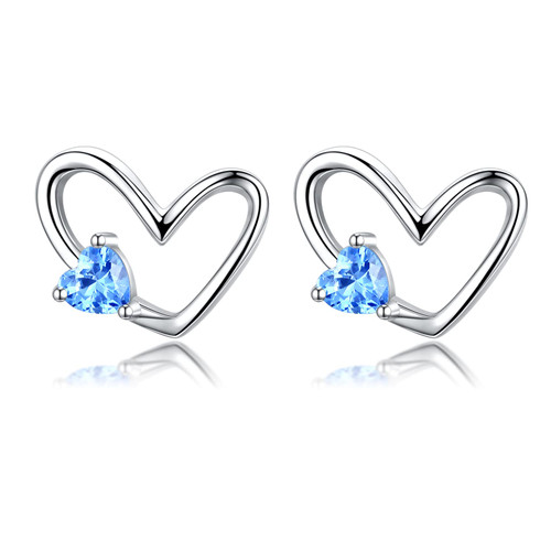 Heart Earrings 925 Sterling Silver Blue CZ Minimalist Heart Stud Earrings Valentineday Simple Heart Jewelry Gifts for Women Girls Mother's Day