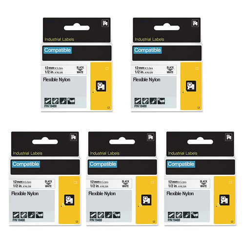 FlyLong 18488 Compatible Label Tapes Replacement for DYMO 18488 1/2'' Flexible Nylon Industrial Label Tapes for DYMO Rhino 4200 5000 5200 Label Makers, Black on White, 1/2'' x 11.5', 5Packs