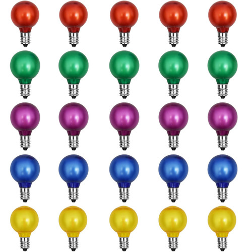 Abeja 25 Pack G40 Colored LED Bulbs, Frosted Multicolor Globe Replacement Bulbs, 0.6 Watt E12 C7 Candelabra Base LED Bulbs for Outdoor Christmas String Lights, 2700K Warm White- Frosted Multicolor