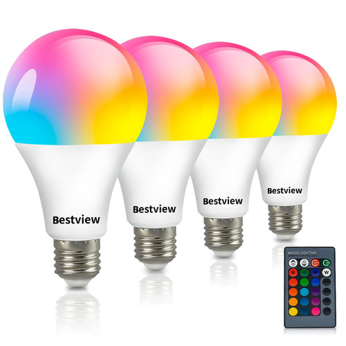 Bestview RGB LED Light Bulb, Color Changing Light Bulbs with Remote Control, RGBW Warm White 5W E27 Screw Base,Mood Flood E26 Light Bulbs-16 Color Choices for Home Party Bedroom Outdoor(4 Pack)