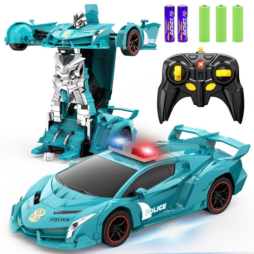 FDJ Transform Remote Control Car Robot, One Button Deformation to Robot with Flashing Light, 2.4Ghz 1:18 Scale Transforming Police Car Kids Toys with 360 Degree Rotating Drifting, Boys Toys Gifts