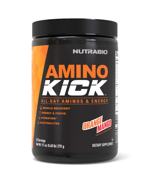 NutraBio Amino Kick - BCAA's, Electrolytes for Hydration, Natural Caffeine- 30 Servings- (Orange Mango)
