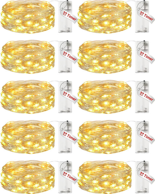 ?10 Pack?Fairy Lights Battery Operated with Timer, 7FT 20LED String Lights Waterproof Silver Wire Fairy Light Battery Powered Twinkle Lights for Bedroom Christmas Wedding Indoor Party Decor Warm White