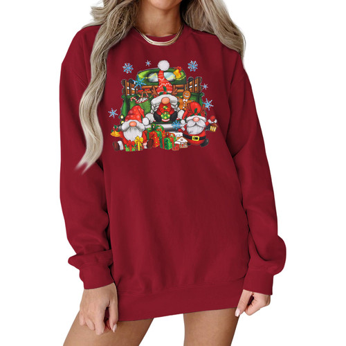 IZYJOY Womens Christmas Crewneck Sweatshirt Xmas Gnome Truck Graphic Oversized Top Santa Gift Long Sleeve Holiday Clothes(Red,Large)