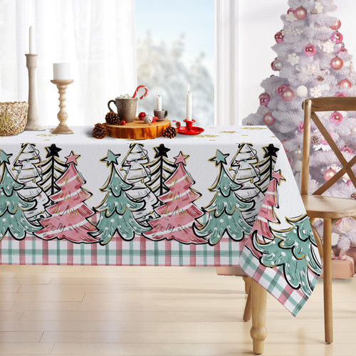 Tailus Christmas Trees Rectangle Tablecloth 60 x 104 Inch, Pink Xmas Snowflakes Buffalo Plaid Check Decorative Table Cloth Dining Table Cover, Winter Holiday Farmhouse Dinner Party Picnic Decoration