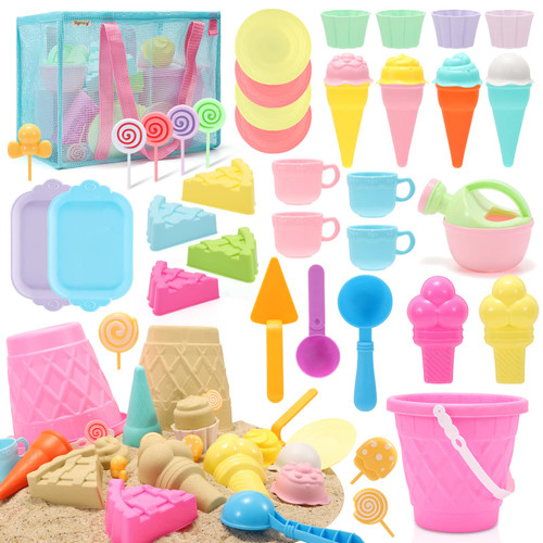 Tagitary Beach Toys Ice Cream Sand Toys for Kids,42 PCS Sandbox Toys with Beach Basket,Shovels,Sand Dessert Ice Cream Molds,Lollipop,Watering Can and Mesh Bag,Outdoor Toys Gift for Boys and Girls