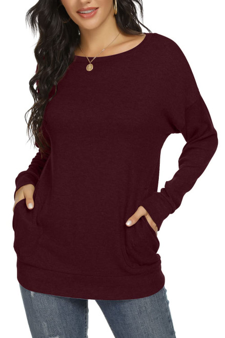 YSYOKOW Women Long Sleeve Shirts Casual Tops Dressy Blouses Fashion Tunic with Pockets(Wine Red, XX-Large)