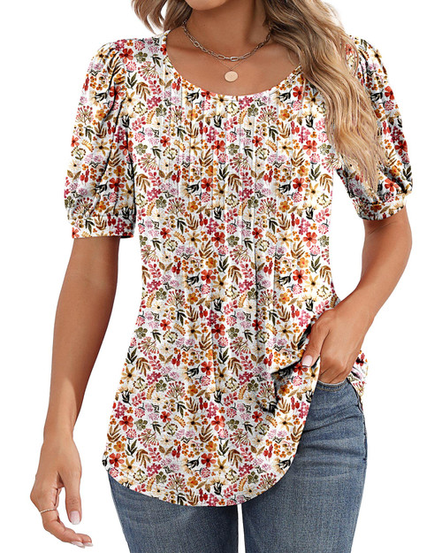 Ficerd Women's Puff Short Sleeve Tunic Tops Pleated Crew Neck Blouses Dressy Casual Loose Spring and Summer T-Shirts (Floral White Red, Medium)