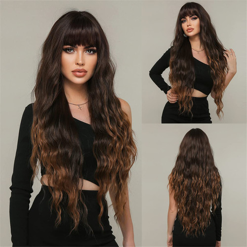 BERON Brown Wig Long Curly Wig Brown Ombre Wig with Bangs Long Wig Highlight Brown Wigs for Women Daily Wear or Party Wig Cap Include BERON Brown Wig Long Curly Wig Brown Ombre Wig with Bangs Long Wig Highlight Brown Wigs for Women Daily Wear or Party Wig Cap Include
