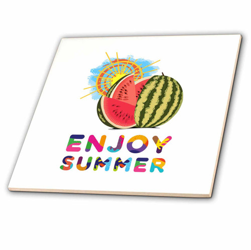 3dRose an Image of a Watermelon, Orange Sun and Blue Sky. Enjoy Summer Text - Tiles (ct-363431-1) 3dRose an Image of a Watermelon, Orange Sun and Blue Sky. Enjoy Summer Text - Tiles (ct-363431-1)