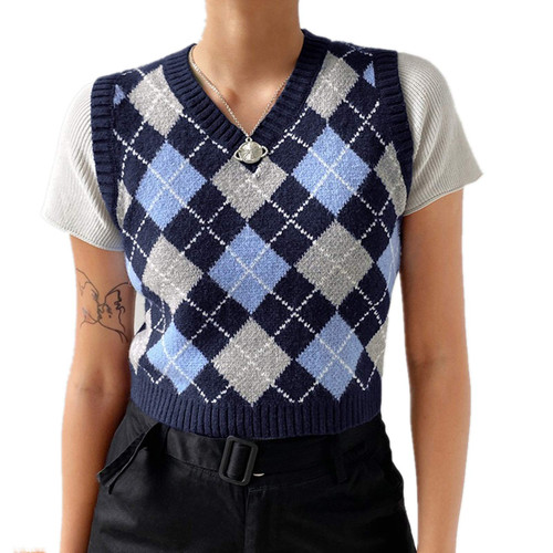 Hyipels Argyle Sweater Vest Women y2k Plaid Knitted Streetwear Preppy Style V Neck Crop Knitwear Tank Top for Girls Navy-Blue-Grey