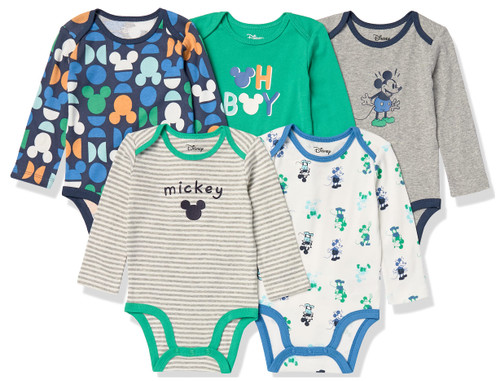 Amazon Essentials Disney | Marvel | Star Wars Baby Boys' Long-Sleeve Bodysuits, Pack of 5, Mickey Oh Boy, 0-3 Months