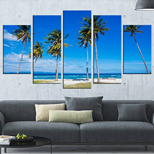Designart 5 Piece Palms on Philippines Tropical Beach Modern Seascape Canvas Artwork, 60" x 32", Blue Designart 5 Piece Palms on Philippines Tropical Beach Modern Seascape Canvas Artwork, 60" x 32", Blue