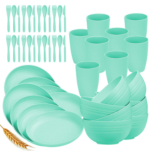 KFT Wheat Straw Dinnerware Sets for 4 Lightweight & Unbreakable Dishes Microwave & Dishwasher Safe Perfect for Camping, Picnic, RV, Dorm Plates, Cups and Bowls (Green, 48pc Set)