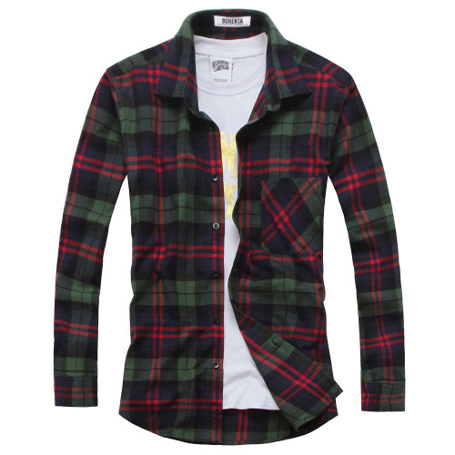 OCHENTA Men's Casual Button-Down Shirts Plaid Flannel Shirt for Men Long Sleeve Western Tops T024 Green Red M