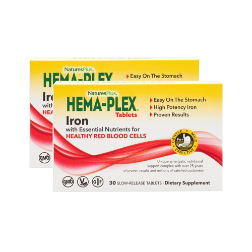 NaturesPlus Hema-Plex Iron - 30 Slow-Release Tablets, Pack of 2-85 mg Elemental Iron + Vitamin C & Bioflavonoids for Healthy Red Blood Cells - Vegan, Gluten Free - 60 Total Servings NaturesPlus Hema-Plex Iron - 30 Slow-Release Tablets, Pack of 2-85 mg Elemental Iron + Vitamin C & Bioflavonoids for Healthy Red Blood Cells - Vegan, Gluten Free - 60 Total Servings