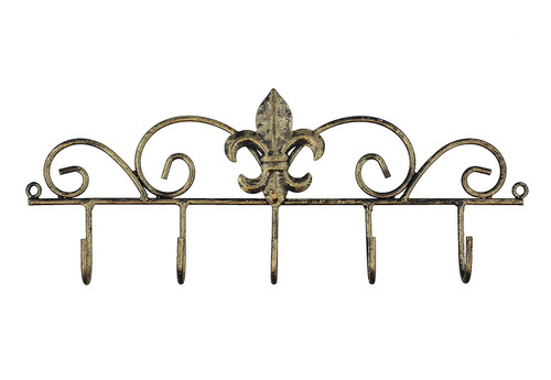 Decorative Fleur De Lis Wall Mounted Metal Hanger - 5 Hook - Keys, Hats, Towels, BBQ or Gardening Tools
