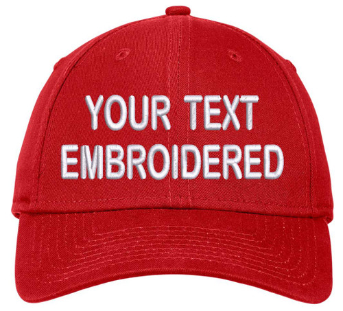 Custom Hat, Embroidered. Your Own Text. Adjustable Back. Curved Bill (Premium Cap Scarlet Red)