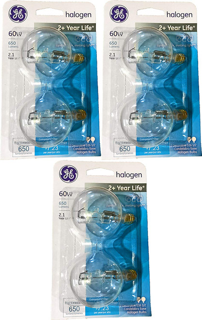 GE 60 Watt Decorative G16.5 Halogen Light Bulbs with Candelabra Base, Crystal Clear (6 Pack)