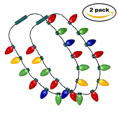 Pack of 2 Multi-color Radiant 12 LED Light Up Holiday Christmas Bulb Necklace, Glowing String Light Bulbs Necklace, Party Favors For Both Adult and Kids