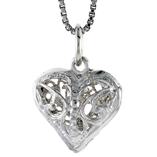 Sterling Silver Small Filigree Heart Pendant, 1/2 inch Tall