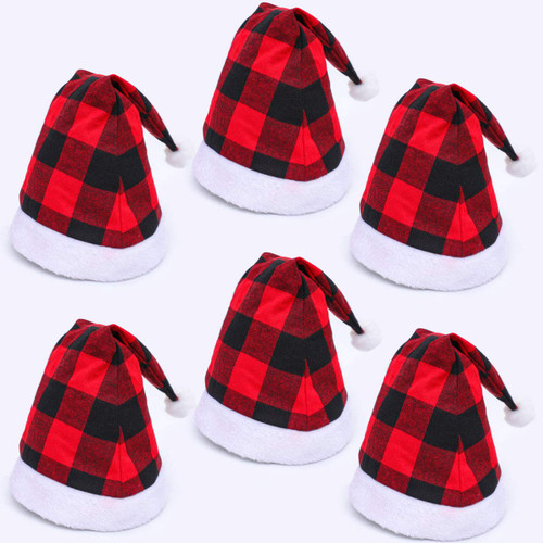 IngTall 6 Pack Buffalo Plaid Santa Hats, Red and Black Plaid Christmas Hat with Luxury Plush Cuff for Christmas Costume Party and Holiday Event