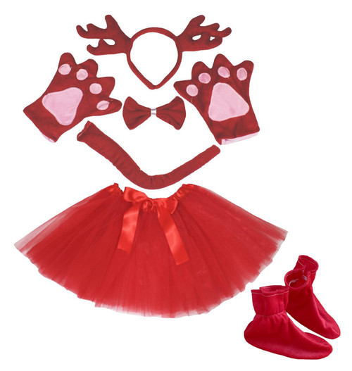 Petitebella Red Reindeer Costume Headband Bow Tail Gloves Shoes Skirt 6pc Set (One Size)