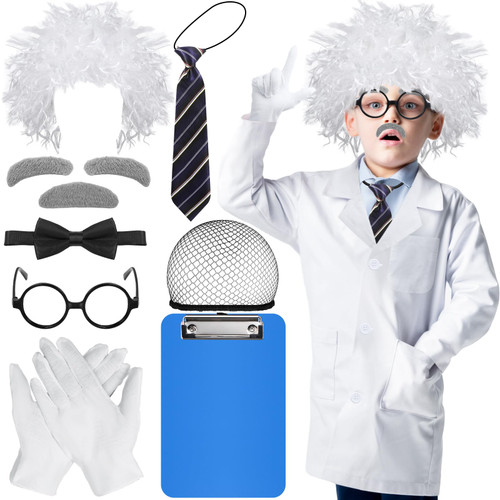 Suhine 9 Pieces Mad Scientist Costume Set Halloween Crazy Mad Scientist Wig Lab Coat Glasses Mustache Physicist Costume (8-10T)