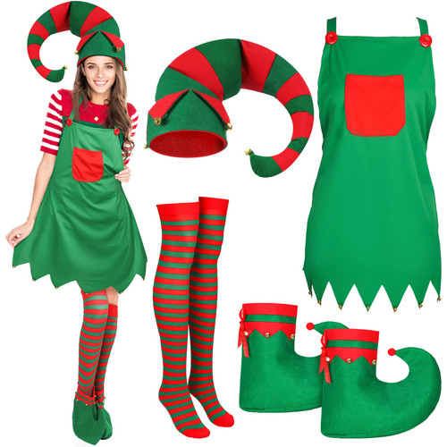 Funtery 4 Pcs christmas Elf Costume for Women Adult Elf Accessories Set Including Extra Long Felt Hat Elf Aprons Shoes Socks
