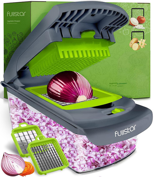Fullstar Vegetable Chopper - Spiralizer Vegetable Slicer - Onion Chopper with Container - Pro Food Chopper - Slicer Dicer Cutter - (2 in 1, Gray/Green)